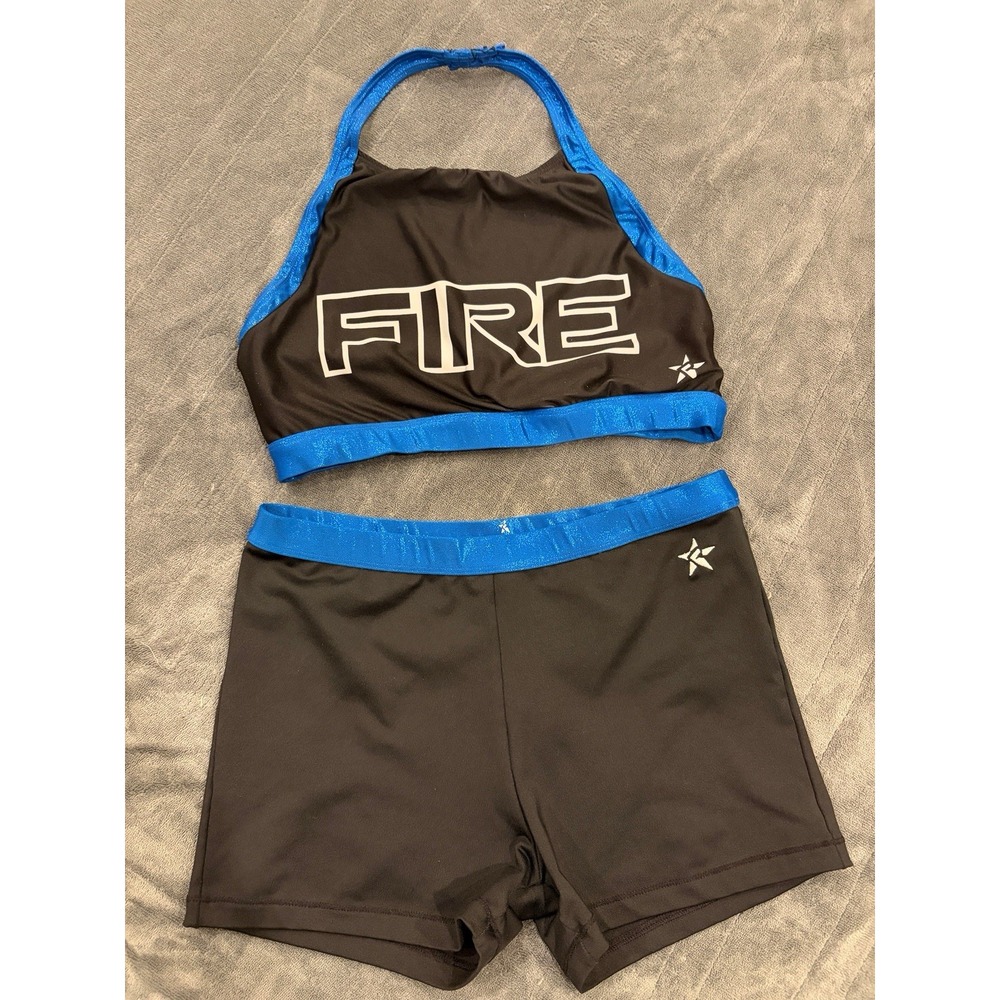 Varsity Fire Cheer Uniform Set Black Blue Sports Bra & Shorts Youth Size AM